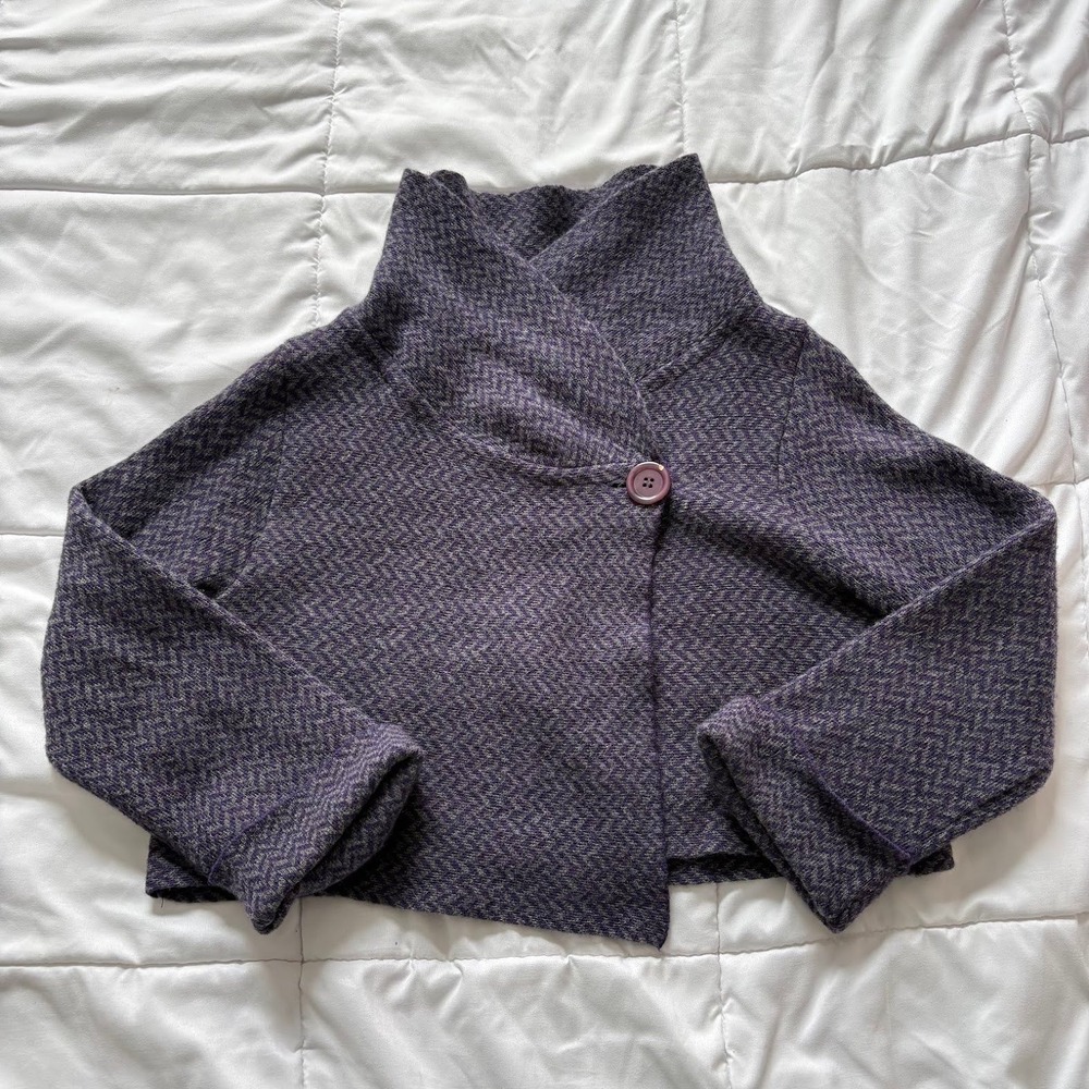 Chiaramente Italy Purple Herringbone Wool Cropped Cardigan Large Lagenlook
